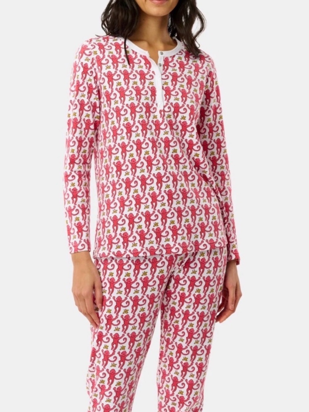Roller Rabbit Monkey Top & Bottoms Pajamas Set Pink Red 100% Pima Cotton XS